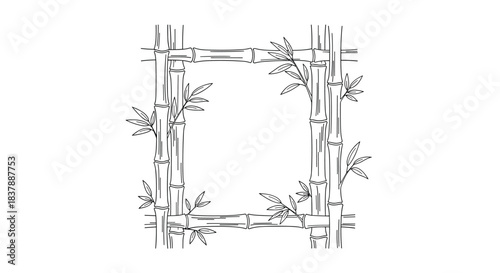 A minimalist black and white ink wash style illustration of a square frame made from bamboo stalks and leaves on a white background.