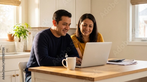 Happy Latino couple managing family finances online with a laptop at home in their bright kitchen, feeling secure and successful.