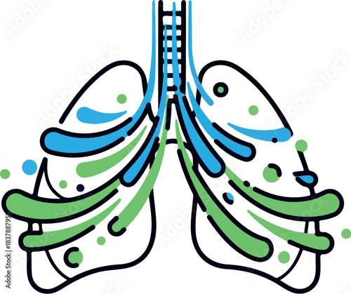 Illustration of human lungs with trachea and bronchi, depicted in a colorful, stylized graphic with green and blue accents on a white background.