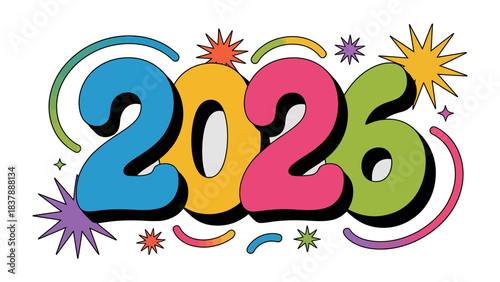 Year 2026 Celebration: A vibrant and colorful design spells out the year 2026, creating a sense of excitement and anticipation for the future. With stars, arches, and a fun font.