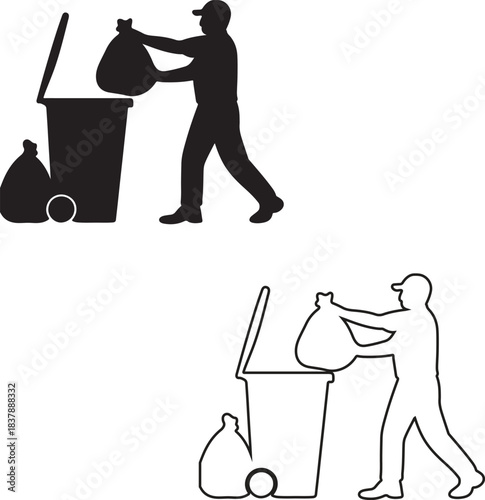 Worker disposing of trash in a bin silhouette and outline