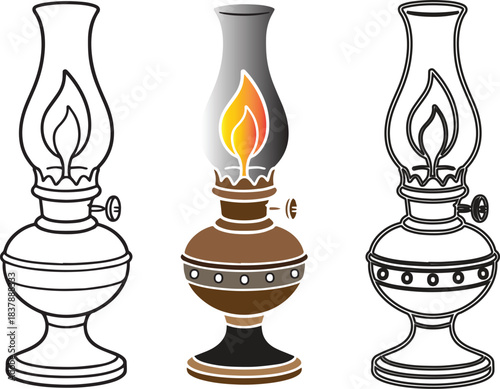Vintage oil lamps with glowing flames and outline designs