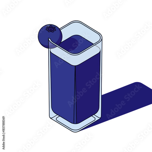 Isometric Blueberry Drink in Glass with Shadow Minimalist Illustration.