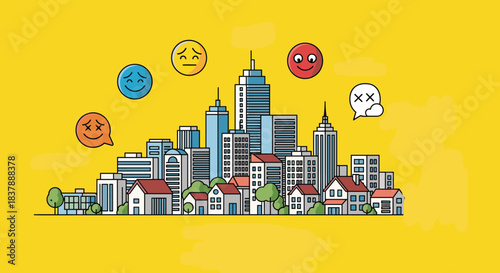 Illustration of a modern city skyline with different emotional icons representing the mood and feedback of its inhabitants.