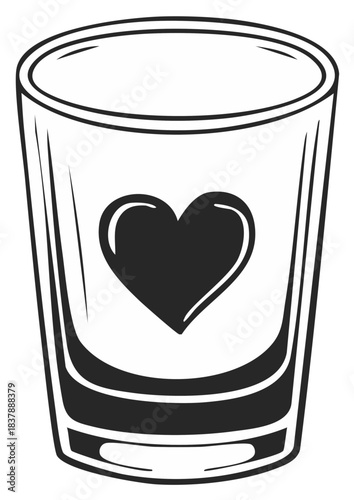 Black and white outline illustration of a drinking glass featuring a prominent heart symbol, representing love and celebration.
