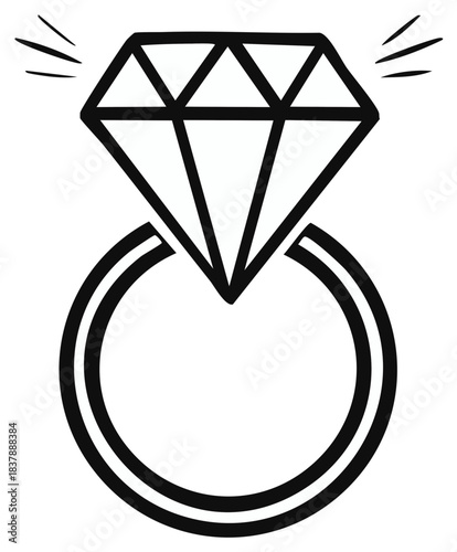 Hand-drawn sparkling diamond engagement ring line art illustration