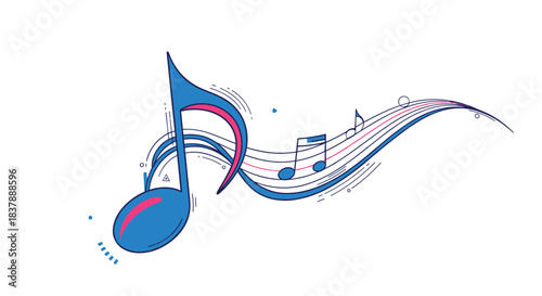 Abstract illustration of a vibrant blue musical note on a flowing staff representing melody sound and rhythmic composition.