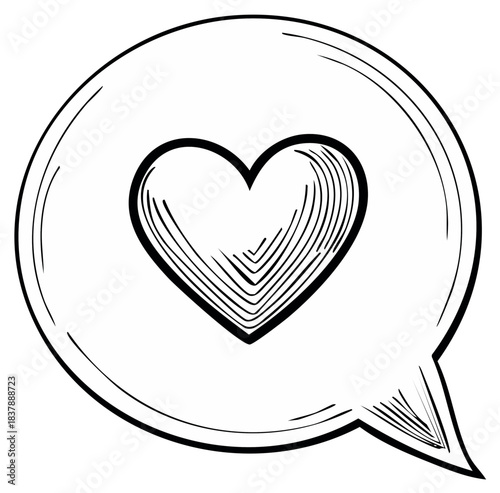 Hand drawn heart symbol in a speech bubble, a sketched line art illustration of a love message or like icon