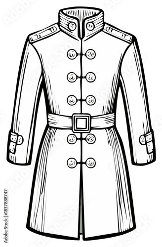 Vintage military style greatcoat uniform with belt, hand drawn line art illustration