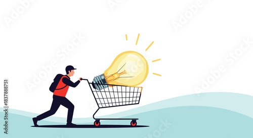 Conceptual illustration of a person pushing a shopping cart containing a giant glowing light bulb symbolizing buying new ideas.