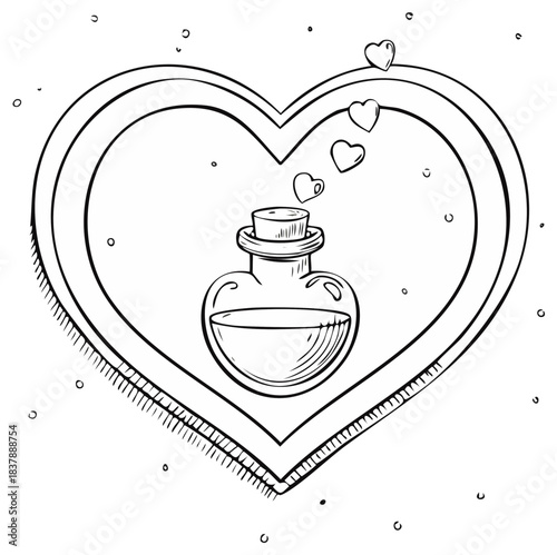 Hand drawn magic love potion in a bottle inside a heart frame sketch illustration