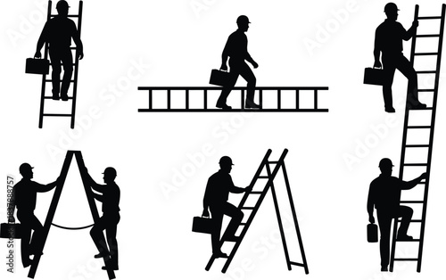 Vector silhouettes of construction workers using ladders in multiple positions, hard hats and toolboxes, ladder safety and occupational workplace training illustration