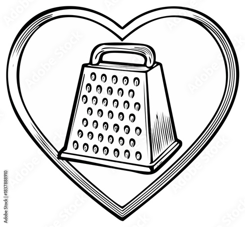 Heart shaped frame around a kitchen grater illustration, symbolic food prep icon