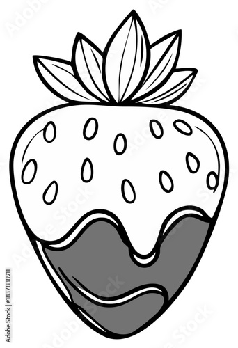 Chocolate dipped strawberry black and white line art vector icon
