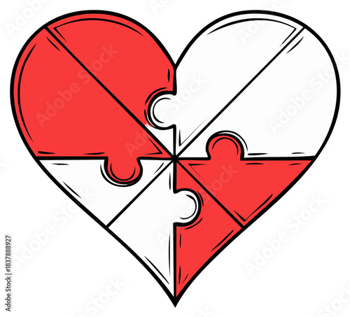 Red and white heart made of jigsaw puzzle pieces in a hand-drawn sketch style.