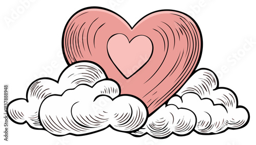 Heart on clouds in vintage illustration style for romantic themes