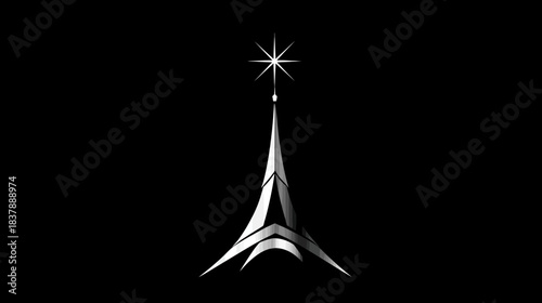 Futuristic abstract tower with shining star on black background, modern metallic architectural design, elegant geometric spire emblem