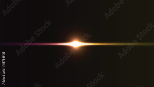 Bright horizontal lens flare light effect on black background, abstract glowing starburst