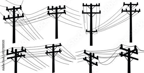 Vector silhouettes of six utility poles and power lines, varied pole designs with crossarms and insulators, electrical infrastructure, urban utility, engineering illustration