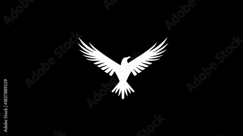 Powerful white bird silhouette with spread wings against a stark black background. Symbol of freedom, strength, and aspiration.