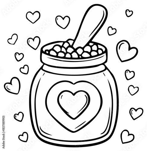 Love Potion in a Glass Jar with Heart and Spoon Surrounded by Floating Hearts Illustration