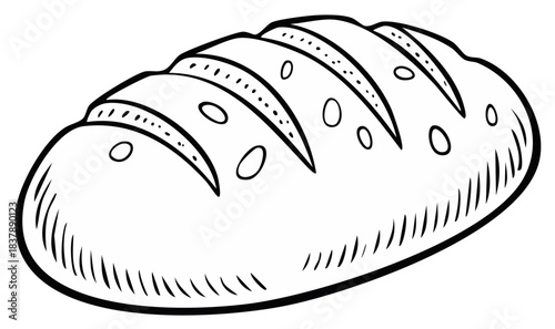 Simple black and white outline drawing of a traditional artisanal bread loaf perfect for bakery or food concepts
