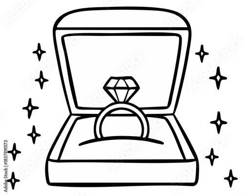 Doodle style open ring box featuring a sparkling diamond engagement ring ready for a romantic proposal