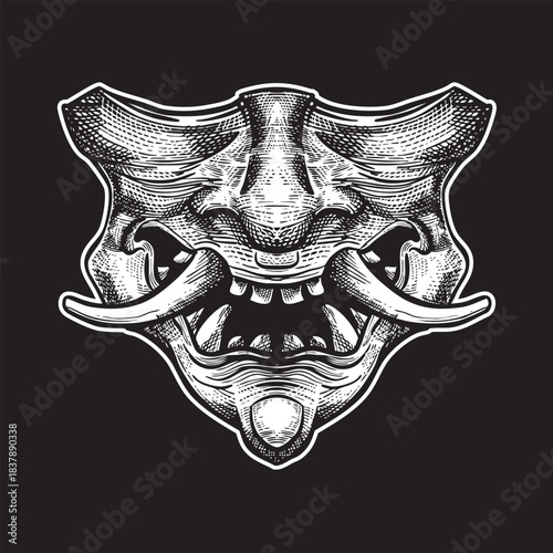 Engraved Oni Mask Illustration – Japanese Demon Face Vector Art