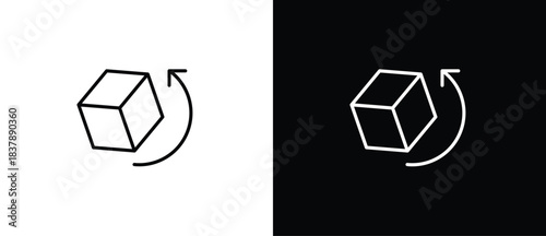 Rotate Cube icon. A cube with a simple outline on a black and transparent background. Editable stroke.