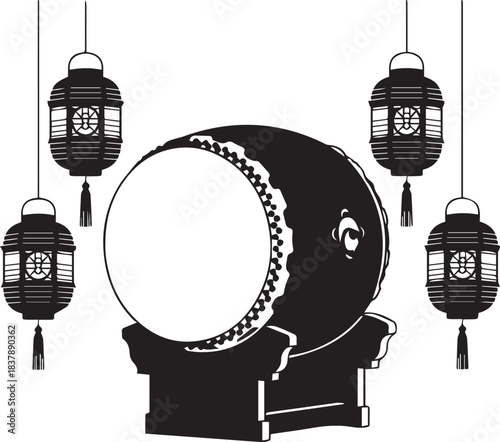 Traditional japanese taiko drum with hanging lanterns illustration
