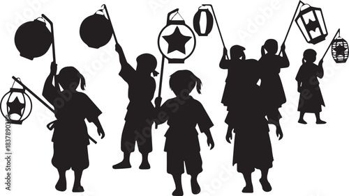 Children in silhouette holding traditional japanese lanterns at night