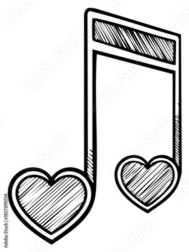 Drawn Music Note with Heart Symbols and Hatching Style