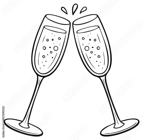 Hand drawn black and white illustration of two champagne flutes clinking in a celebratory toast