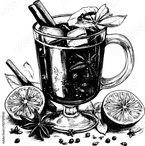 Beautifully illustrated beverage with spices ice and citrus fruits.