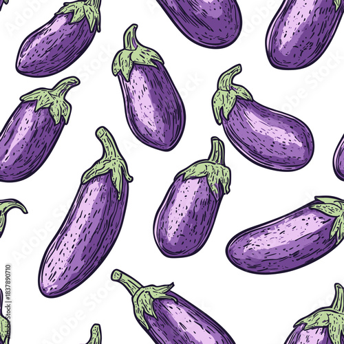 Colorful eggplants arranged in a vibrant repeating pattern design.