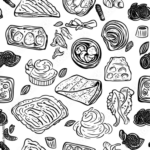 Colorful pattern of various delicious desserts and pastries illustrated.