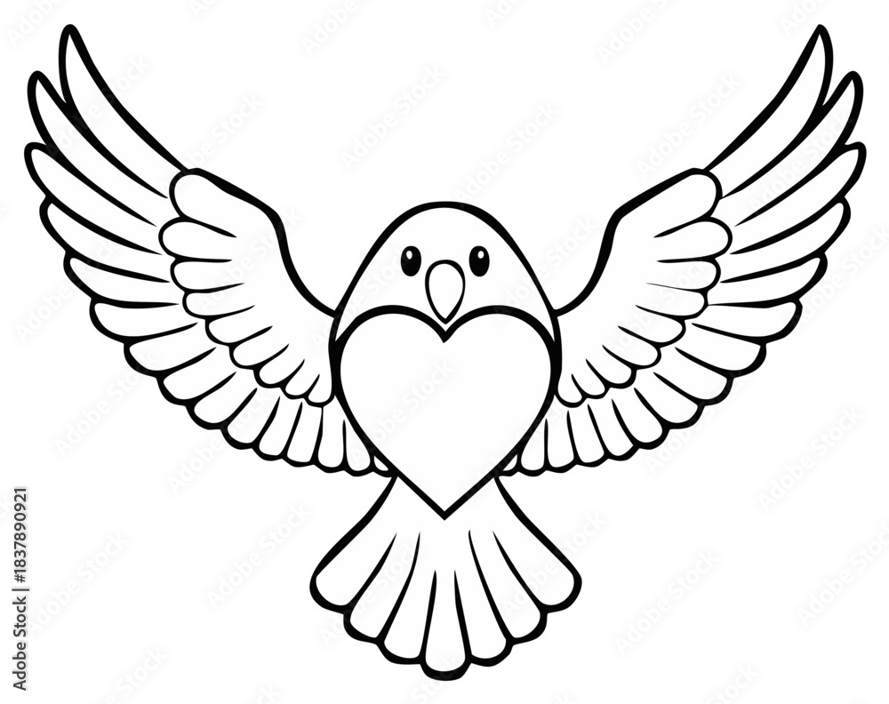 Obraz premium Flying Bird with Heart Outline Cartoon Design Illustration Black and White