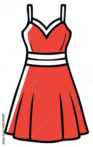 Vibrant Red Dress with White Waist Stripes V Neckline and Pleated Skirt Summer Fashion Apparel Illustration
