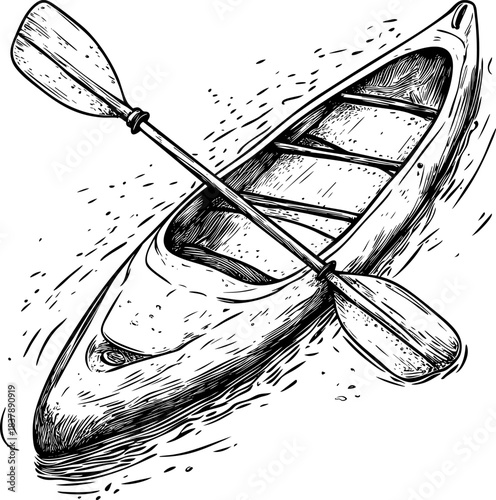 Illustration of a kayak with paddle on water surface.