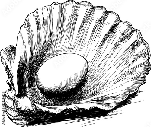 Intricately sketched open shell with a lustrous pearl inside.