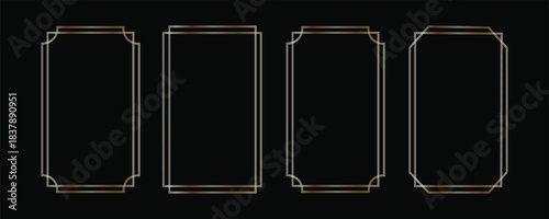 Thin golden frame set. Gold geometric border collection in art deco style. Thin linear shining rectangular shape bundle