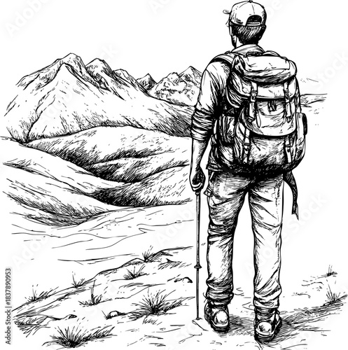 Lone hiker gazes at majestic mountain scenery contemplating natures beauty.