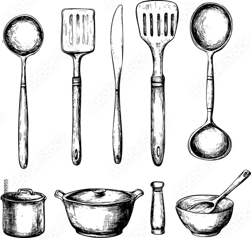 Set of kitchen utensils illustrated with detailed line drawings.