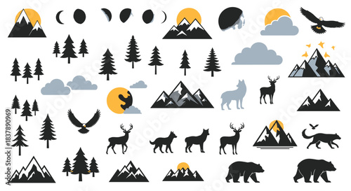 Collection of outdoor nature and wildlife silhouette icons including mountains trees wild animals and moon phases for logos.