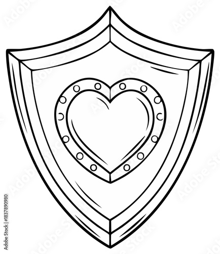 Black and white outline drawing of a medieval shield with a riveted heart symbol for love and protection