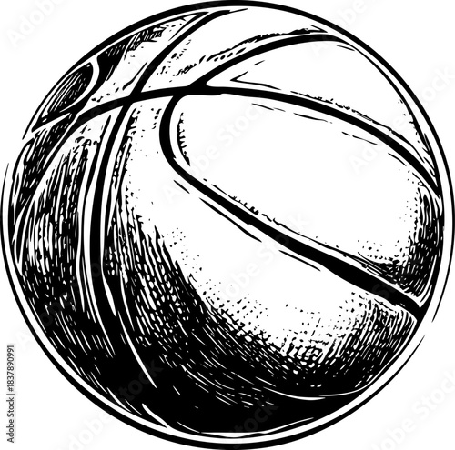Stylized black and white illustration of a basketball round shape.