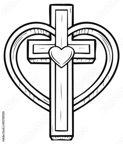 Christian cross and heart symbol of love and faith in a bold line art illustration