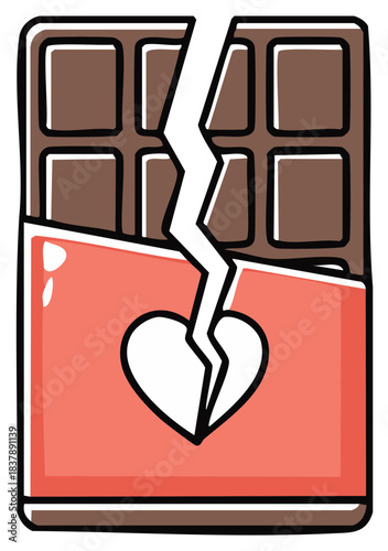 Chocolate bar with a broken heart symbol on its wrapper symbolizing heartbreak and sadness