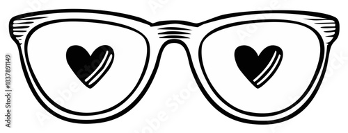 Hand drawn retro eyeglasses with heart reflections in the lenses love vision concept