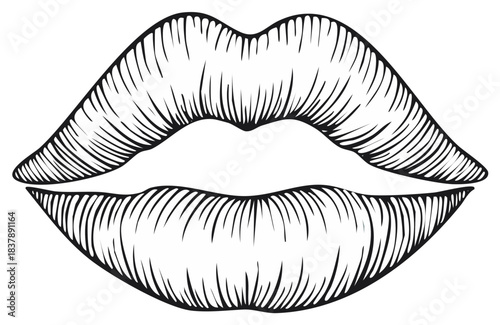 Stylized hand drawn lips with vintage engraving lines capturing beauty and sensuality abstract illustration